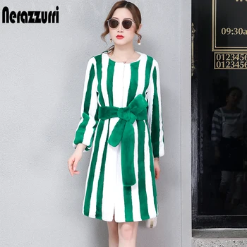 

Nerazzurri Runway 2020 winter faux fur jacket women white and green stripe faux fur coat with belt Warm fake fur coats for women