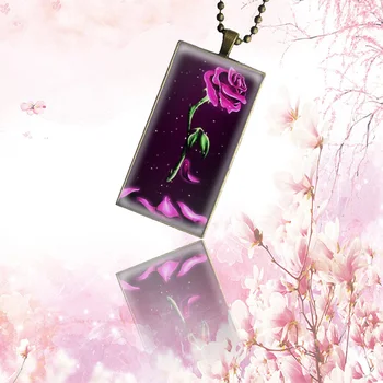 

Stained Glass Belle Rose For Women Men Party Glass Cabochon Pendant Necklace Rectangle Fashion Necklace