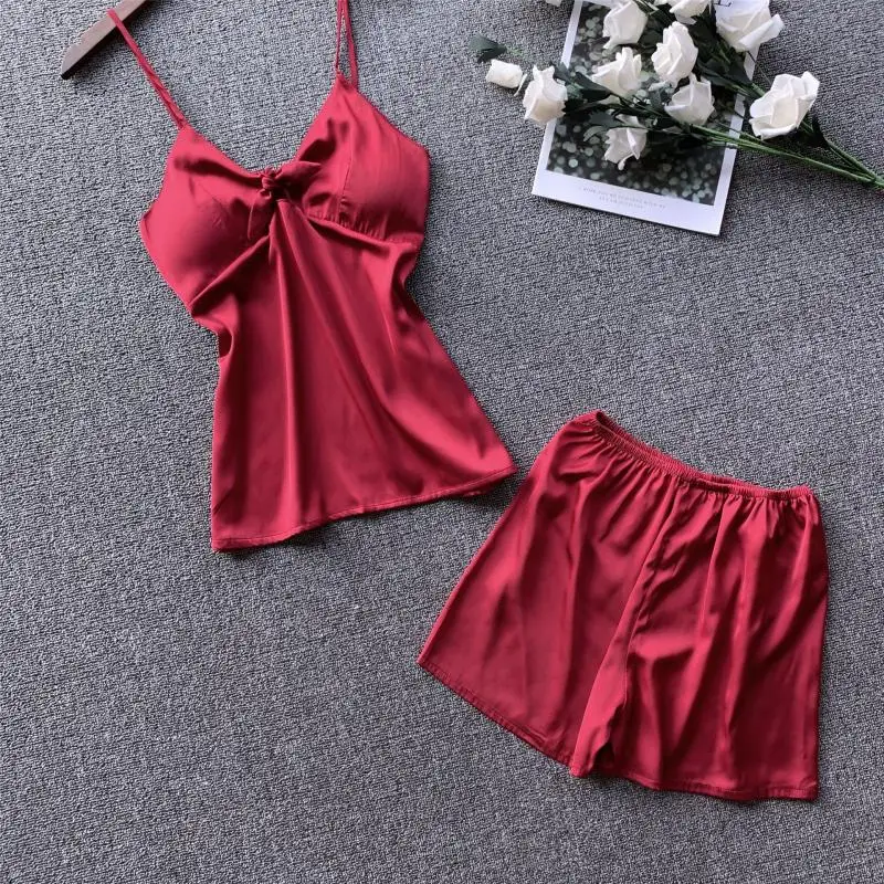 

2020 Summer Women Pajamas Sets With Shorts Sexy Satin Pyjama Nightsuits Sleeveless Pajamas For Women With Chest Pad Sleepwear
