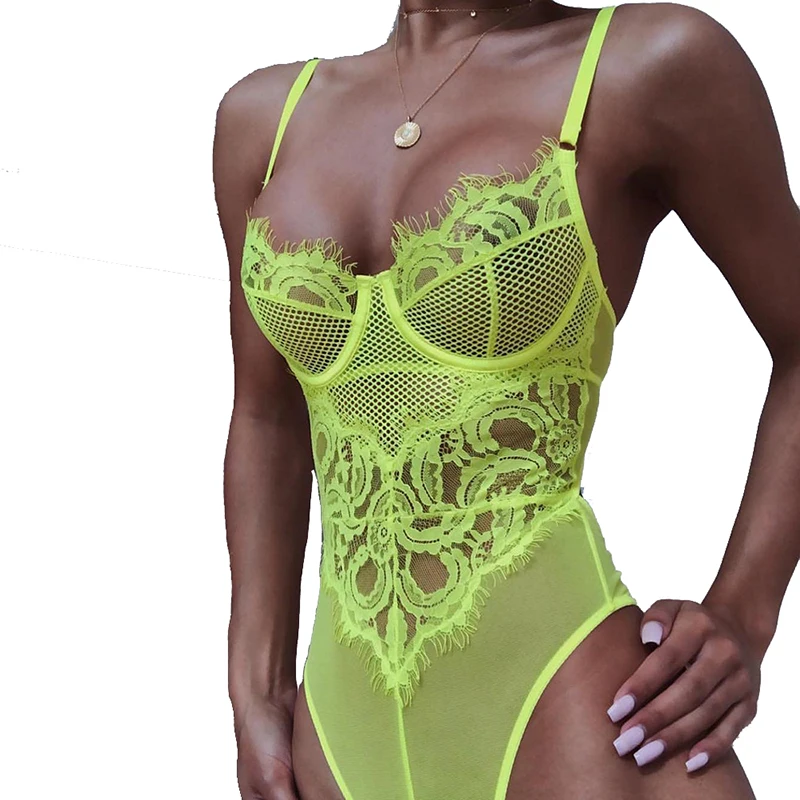 

Neon Lace Bodysuits Party BacklessWomen Rompers Summer Body Mujer Sexy Club Spaghetti Strap Perspective Mesh Tops Femme M0106B