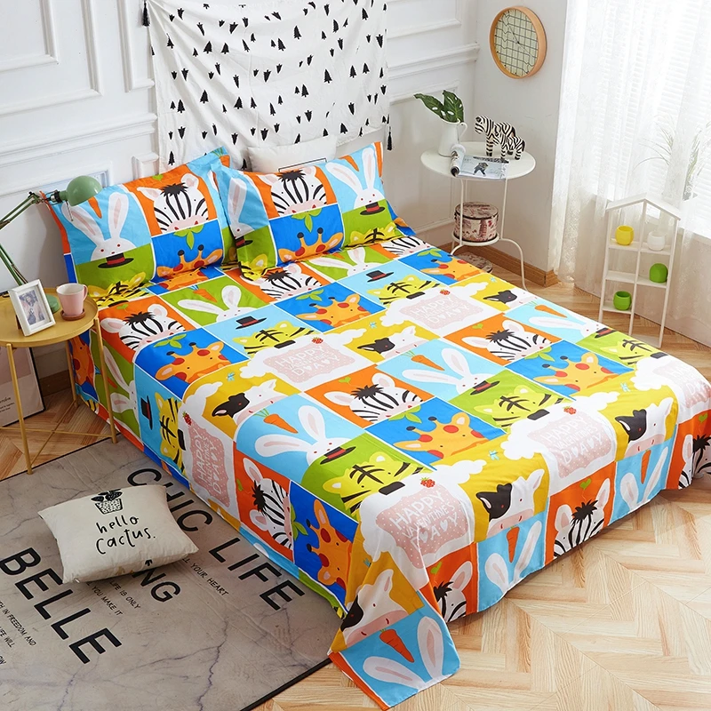 

Cartoon Square Animals Big Head Flat Sheet 1pc Pure Cotton Children Bed Sheet Twin Full Queen King Mattress Cover Bedclothes