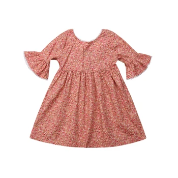 

2019 Toddler Kids Baby Girls Dress Lace Flare Long Sleeve Princess Party Pageant Floral Pink A line Dress Sundress Summer