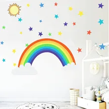 Pegatina de pared de estrellas de arcoíris de dibujos animados para habitaciones de niños, decoraciones de dormitorio, papel tapiz de color, Mural, pegatinas para guardería