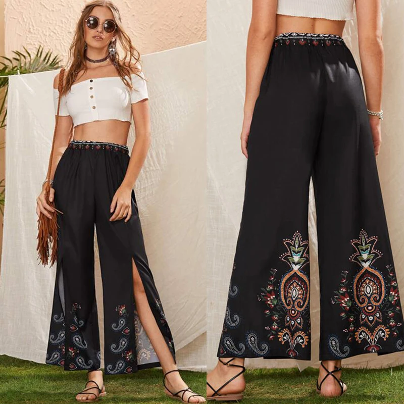 

Printed High Waist Boho Pants 2020 Women Beach Split Summer Black Pants Vintage Female Ladies Wide Leg Trousers Casual