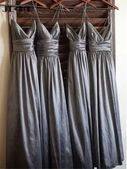 

Simple Grey Bridesmaid Dresses Long Wedding Party Dress Spaghetti Straps Pleat V-Neck Silk Satin Women Bridesmaid Dresses