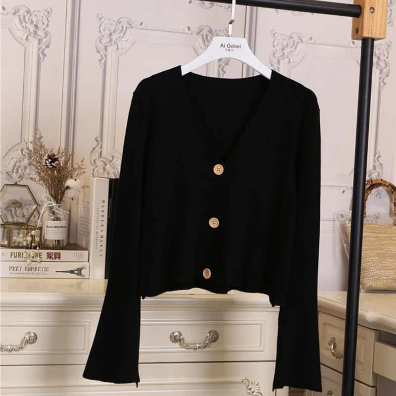 simple Cardigan Female V-neck Woman Sweater Knitting 2020 Spring New Girl Solid Color Long Sleeve Cardigan Sweater Short Jacket