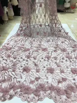 

(5yards/pc) Graceful African French net lace dusky pink 3D flowers lace fabric with beads and stones for party dress FHS025