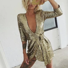 V-образный вырез сексуальное золотистое мини вечерние платье Для женщин летние половина рукава блесток Клубные платья модные однотонные короткие черного цвета с блестками платье Vestidos