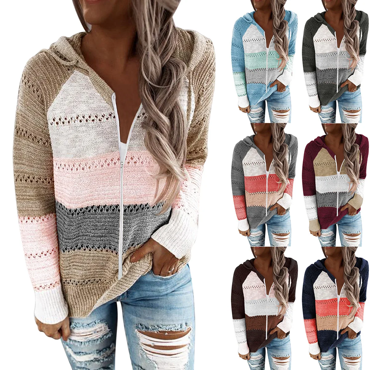 

2020 new sweater with zipper color matching zipper hooded knit sweater women's fashion stripe stitching cardigan