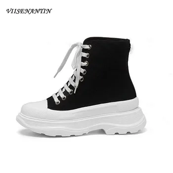 

Fashion Canvas Elastic Band Round Toe Casual Flat Thick Sole Sneakers Spring & Autumn Black Red High Top Lace up Women Shoes