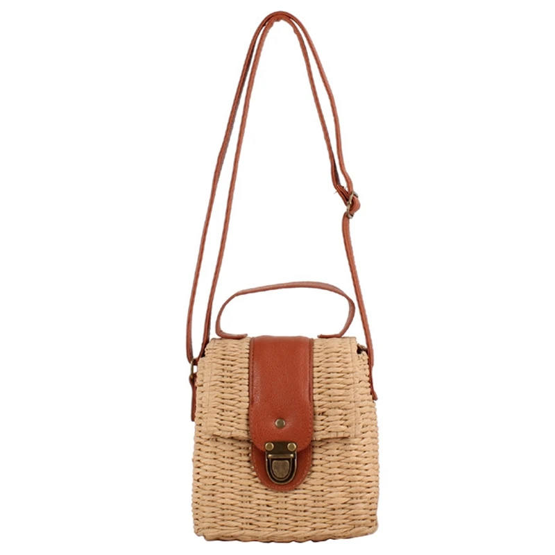 

Women'S Woven Casual Boston Handbags Handmade Straw Bag+Pu Leather Girls Vintage Square Straw Crossbody Bag Weaving Shoulder Bag