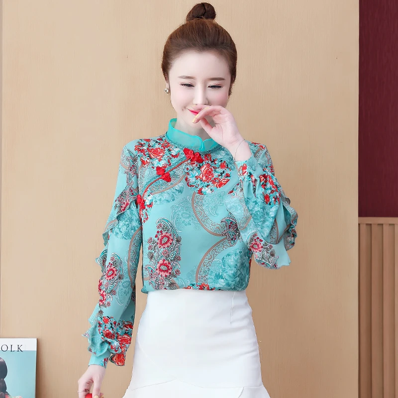 

COIGARSAM Chinese Style blouse women Spring Cheongsam Vintage Ruffles Chiffon blusas womens tops and blouses 9372