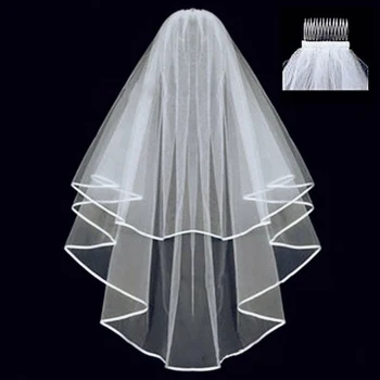 

2020 New Arrival Wedding Accessories Two Layer Ribbon Edge White Ivory Wedding Veils Bridal Veil With Comb