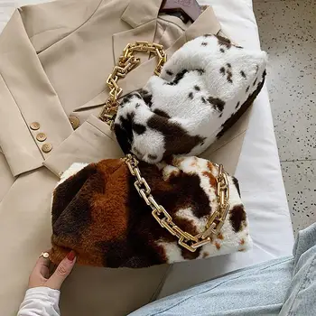 

Cow Pattern Soft Plush Women Shoulder Bag Winter Faxu Fur Women's Handbags Designer Thick Chain Ladies Hand Bags Plush Tote Bag