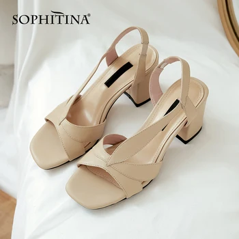 

SOPHITINA Women's Sandals Chunky Roman Elastic Back Strap Concise Comfort High Heels Square Open Toe Summer Ladies Shoes PO623