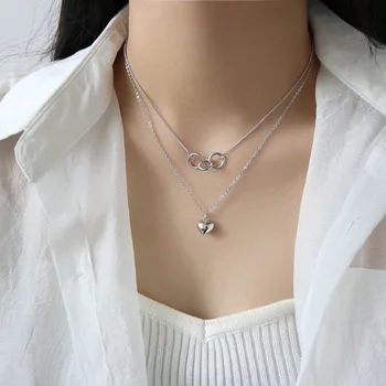 

Korean 925 Silver Sterling Women's Love Heart Pendant Double Layer Necklace Personality Silver Jewelry