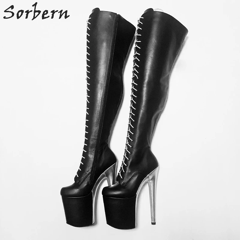 Sorbern/черные сапоги до бедра; обувь на платформе и каблуке для стриптиза; Серебристые ботфорты на очень высоком каблуке; широкий покрой
