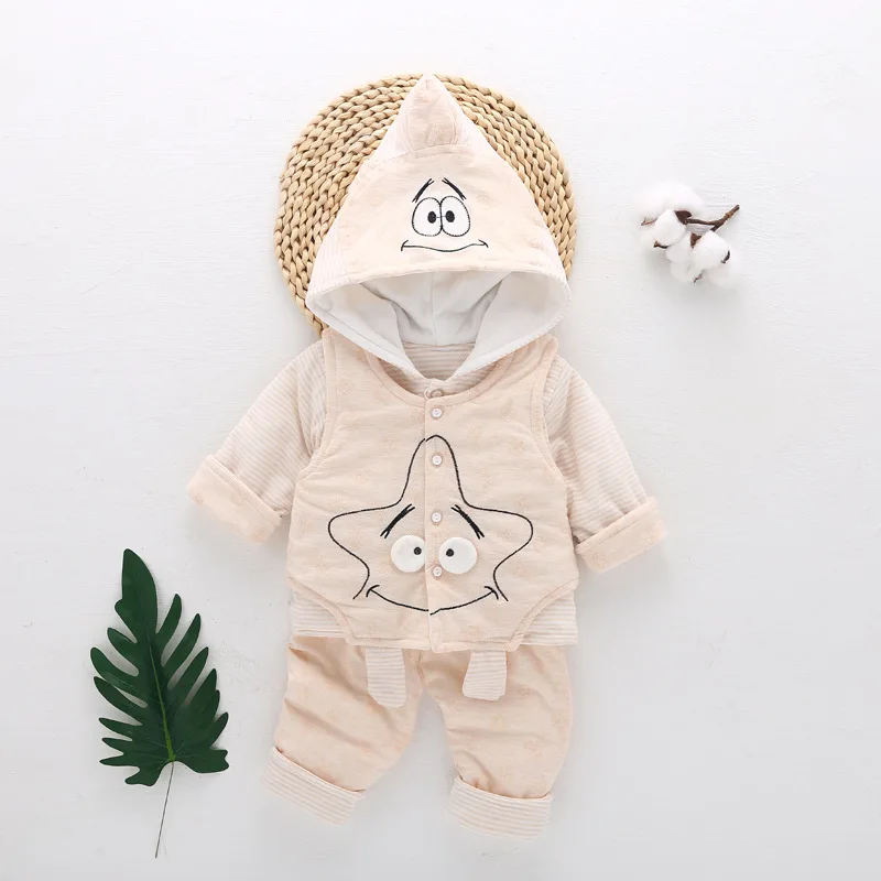 

Cartoon CHILDREN'S Suit Starfish Jacquard Thin Padded Cotton-padded Clothes Three-piece Set Baby Home BABY'S Underwear Set