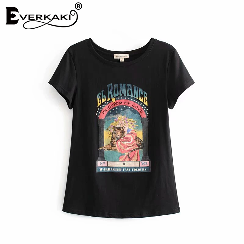 Black Everkaki Boho EL Романтика футболка с принтом топы Для женщин хлопок осень Винтаж Дамы топ в цыганском стиле футболки Женский Новинка зимы, модная - Цвет: Black