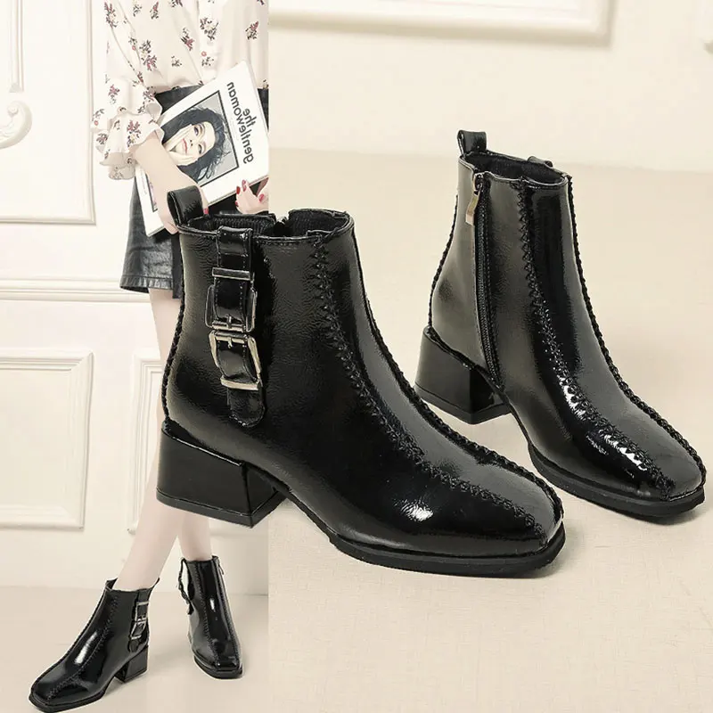 

Lady Boots Rock Shoes Woman Leather Booties Zipper Chunky Heel Luxury Designer Ladies Martins Rubber Ankle Elegant Med Fashion