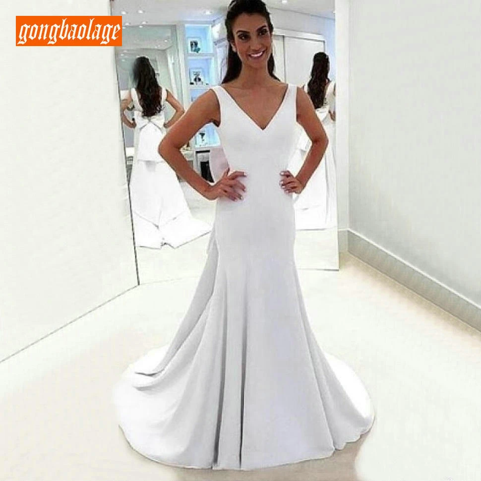 

Romantic White V Neck Wedding Gowns Sleeveless Elastic Satin Bow Mermaid Wedding Dresses Backless Sweep Train Ivory Bridal Dress