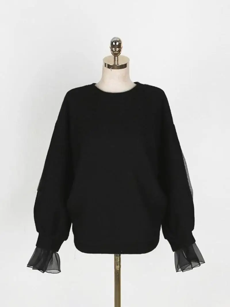  Casual Round Neck Transparent Long Sleeve Mesh Hoodies Women Autumn Solid Pullover Tops Loose Sweat