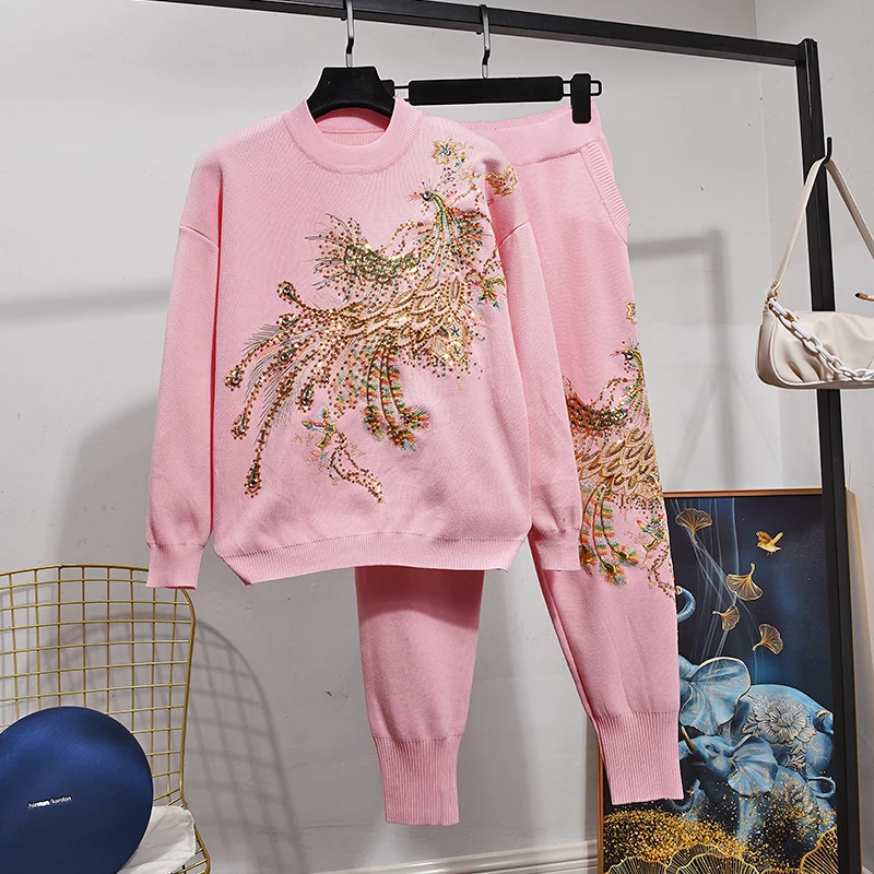 

Red Pink Black Knitted Set Women Tracksuits Handwork Beading Peacock Embroidery Sweater Long Pants Outfits Female Loose Knit 2pc