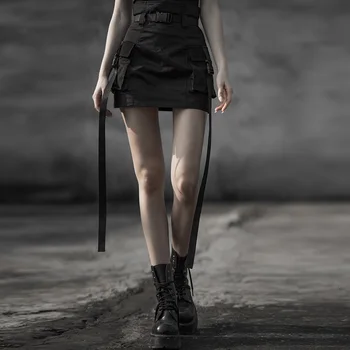 

PUNK RAVE Women's Street Fashion Brand Package Hip Skirt Gothic Workwear Skirt Futuristic Handsome Pure Ccotton Mini Skirt