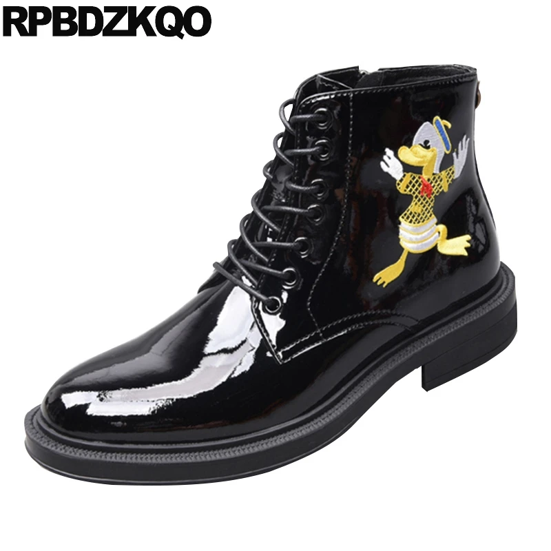 

combat fall zipper embroidered shoes military lace up handmade mens black patent leather boots army full grain pattern booties
