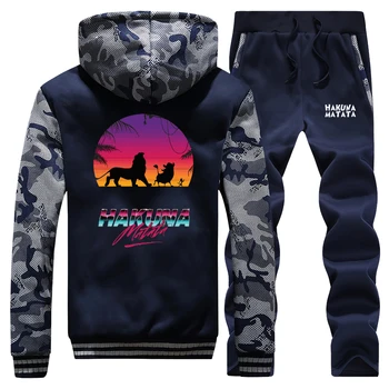 

2019 Sportswear Winter Anime The Lion King HAKUNA MATATA Cartoon Jackets Hoodies Camouflage Mens Coat Thick+2 Piece Set Pants