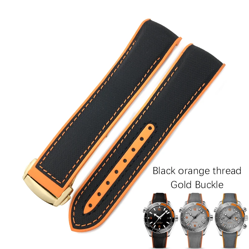 21 мм 22 мм Высококачественный сменный ремешок из нейлона и воловьей кожи для часов с пряжкой для часов Omega Planet Ocean Seamaster Tudor Watch - Цвет ремешка: black orange gold