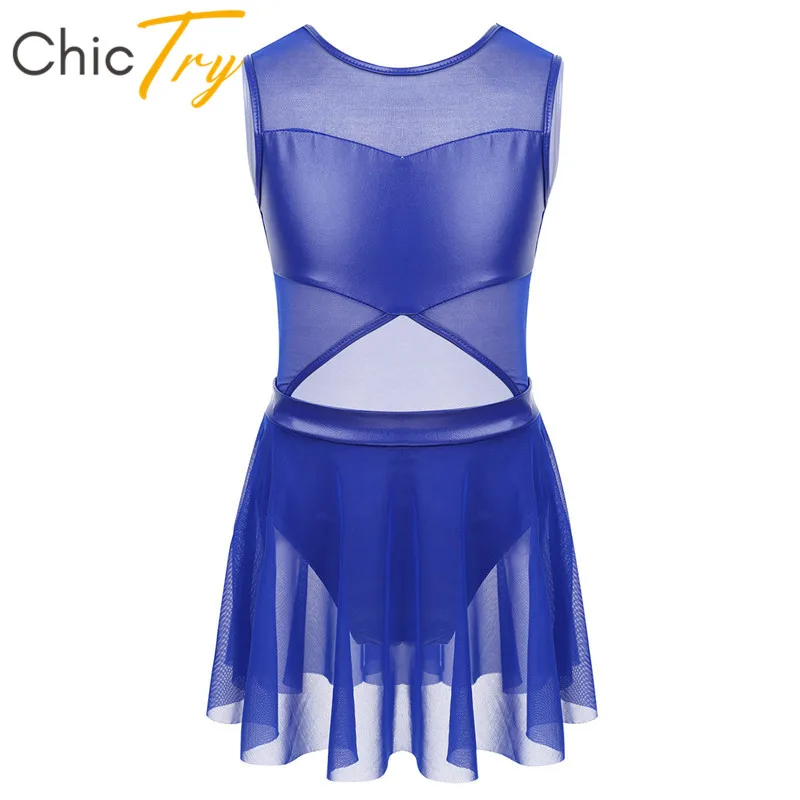 

ChicTry Kids Teens Faux Leather Tulle Mesh Splice Ballet Costume Gymnastics Leotard Girls Figure Skating Dress Stage Dance Wear