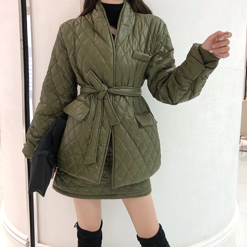 

Fashion Diamond Velvet Padded Skirt Suit Women's Autumn and Winter Loose Zipper Jacket + High Waist A Line Skirt Two-piece Set