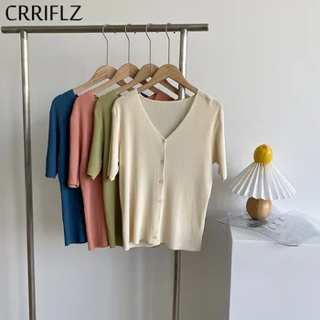 

CRRIFLZ 2020 New Short Knitted Cardigan Top Women Single Breasted Short Sleeve Summer V Neck Top