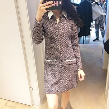 

Women Dress 2018 Fall Winter Tweed Shirt Zip Dress