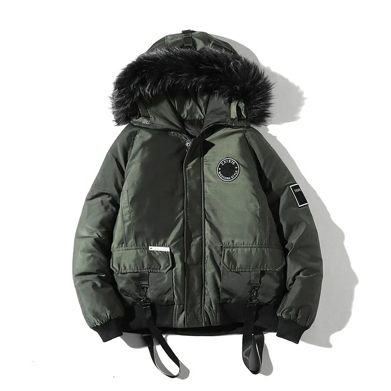 

Men Winter Coat Big Pockets Medium-long Jacket Men Warm Thick Chic Parkas Artificial Fur Hoodie Loose Puffer Jacket