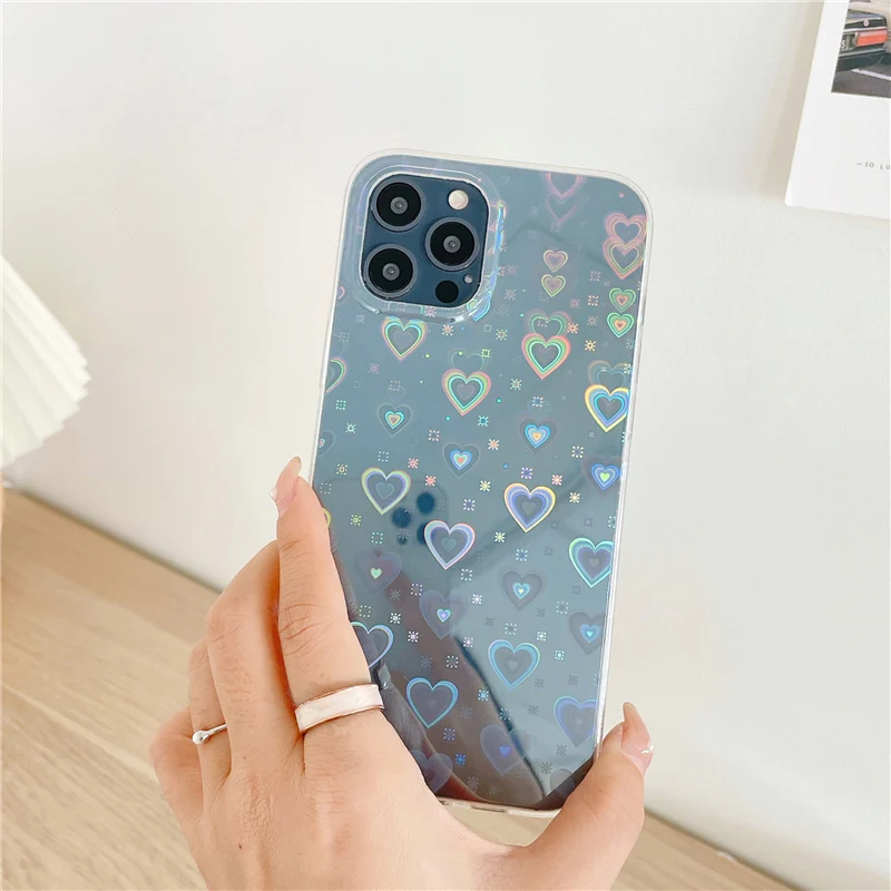 Transparent shiny laser heart case for iphone 11 11Pro Max 12 Pro Max X XR XS Max SE2020 7 8 Plus Shockproof Case back cover