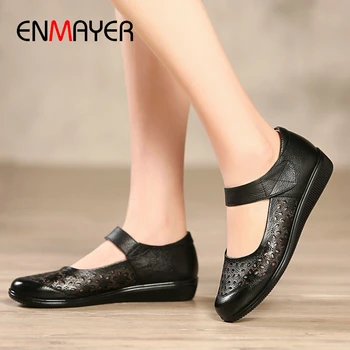 

ENMAYER Genuine Leather Ladies Shoes Round Toe Casual High Heels Basic Wedges Hook & Loop Pumps Women Shoes 2020 Wedding Shoes