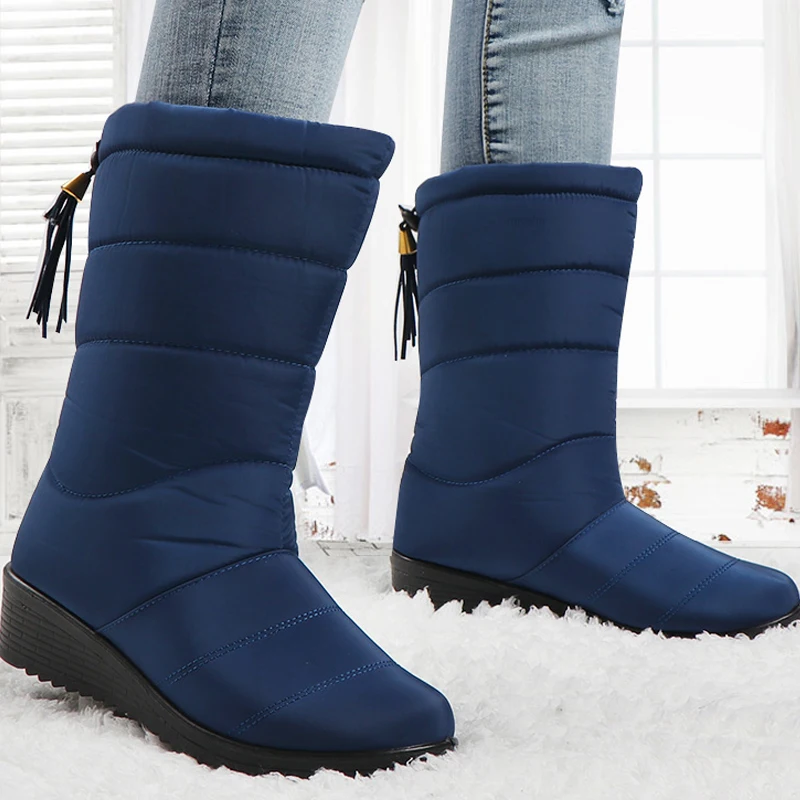 Waterproof Boots Snow Women Wedge Rubber Botas-Fur Black Mujer Ladies Down Winter Mid-Calf
