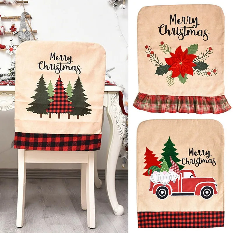 

Christmas Decoration Chair Cover Machine Embroidered Linen Christmas Flower Chair Back Cover Home Decoration Party Decoration