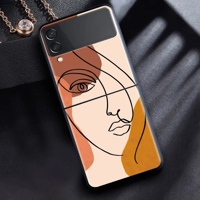 For Samsung Galaxy Z Flip 3 5G Case Luxury Matte Black Hard Phone Cover ZFlip 3 Shockproof Fundas Shell Abstract Women Face Line B07