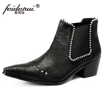 

New Italian Pointed Toe Man Studded Banquet Party Shoes Genuine Leather High Heel Men Handmade Cowboy Chelsea Ankle Boots SL869