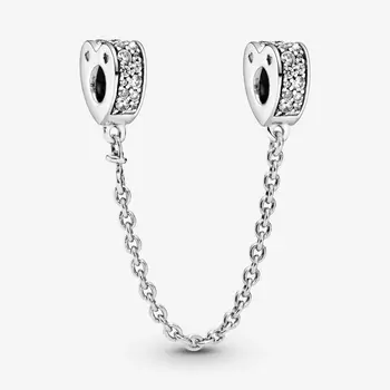 

Clear Pavé Heart Safety Chain Charm Fit Pandora Bracelet 925 Sterling Silver Clear CZ Metal Beads for Women Fashion Jewelry Gift