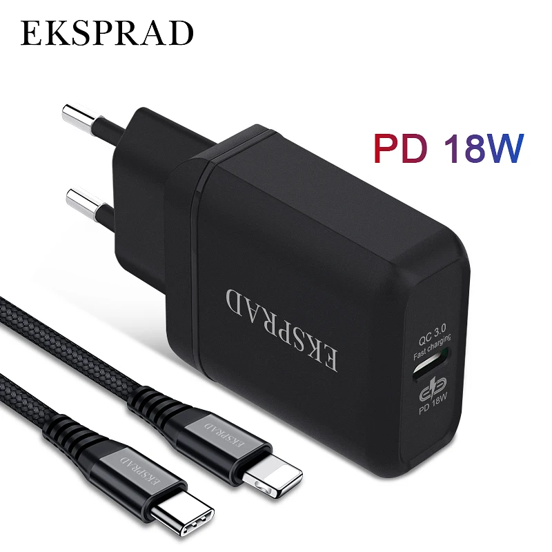 EKSPRAD для iPhone 11 Pro PD зарядное устройство 18 Вт USB C PD3.0 QC3.0 быстрое с кабелем ipad Phone