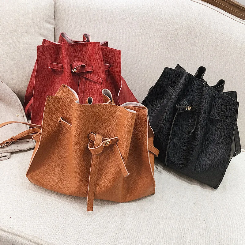 

2019 New Style Fashion Pull-belt Bucket Bag Shoulder Bag Simple Solid Color One-Shoulder Handbag Pu Picture WOMEN'S Bag