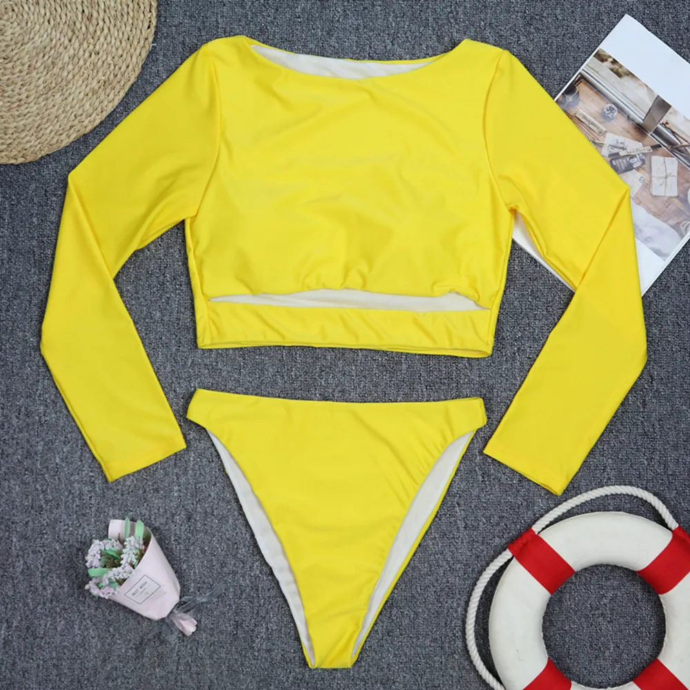 TYAKKV Sexy 2024 Solid Bikini Women Swimsuit Sport Rashguard Long Sleeve Crop Top High Waist Tankini Swimwear 2 Piece Bikini Set
