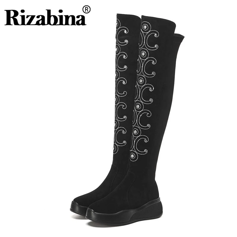 RIZABINA Real Leather Over The Knee Boots For Woman Zipper Round Toe
Thick Bottom Long Boots Crystal Shoes Women Size 34-39