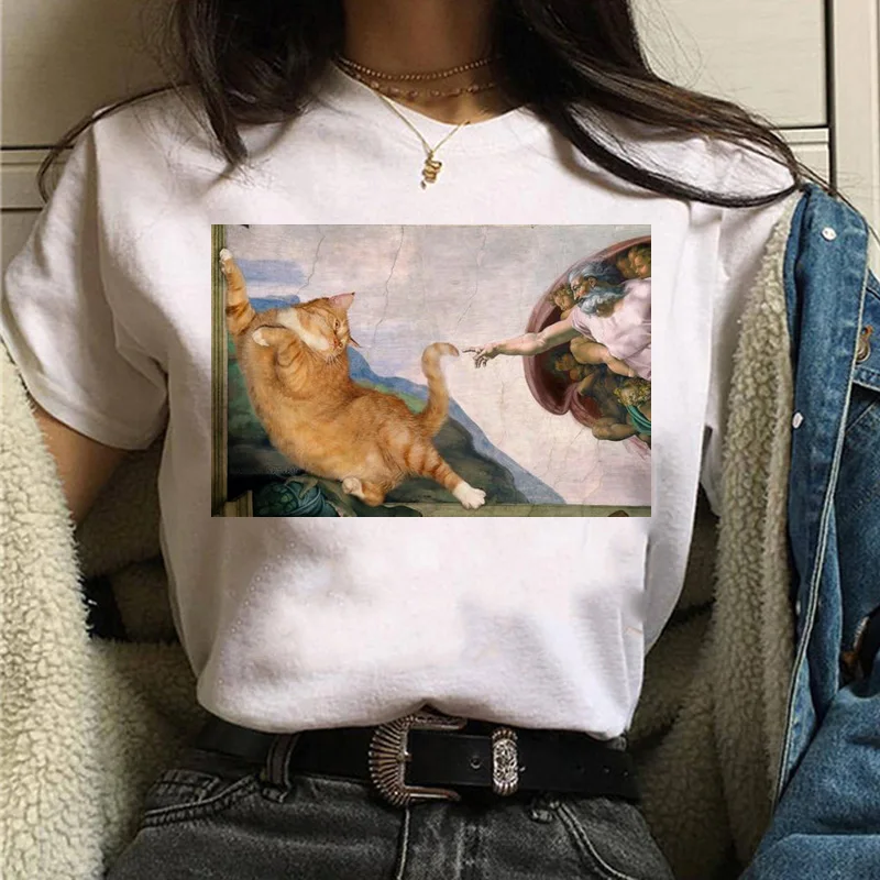 Футболка с изображением кошки Ван Гога, женская футболка с художественным принтом, масляная Эстетическая Милая забавная футболка, 90 s, Повседневная футболка с мультипликационным принтом ulzzang, женская одежда