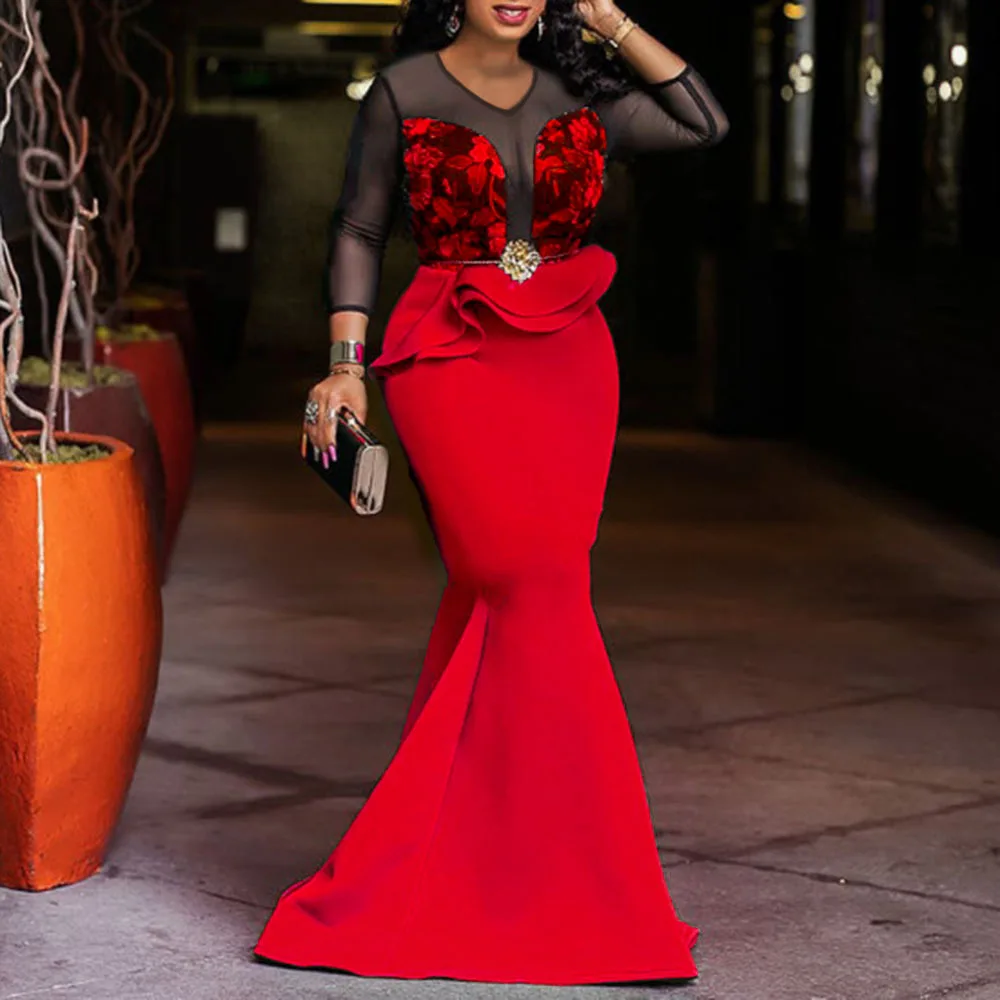 

African Ladies Long Party Mermaid Dress Sexy Transparent Mesh Ruffles Women Wedding Evening Plus Size Bodycon Maxi Dress Trumpet