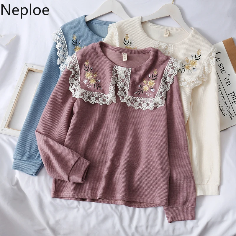 Neploe ретро-кукла воротник кружево лоскутное вышивка цветок вязаный свитер однотонная верхняя одежда с длинным рукавом пуловер Pull Femme осень n48506
